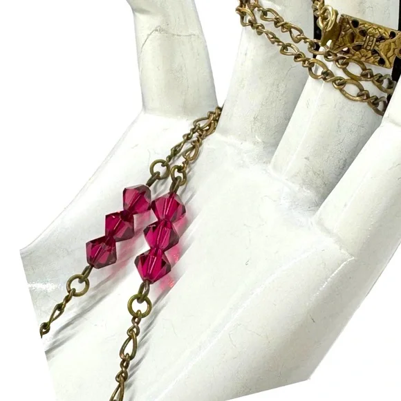 Vintage Art Deco Czech(?) Red Art Glass & Crystal Brass Necklace - Picture 9 of 12